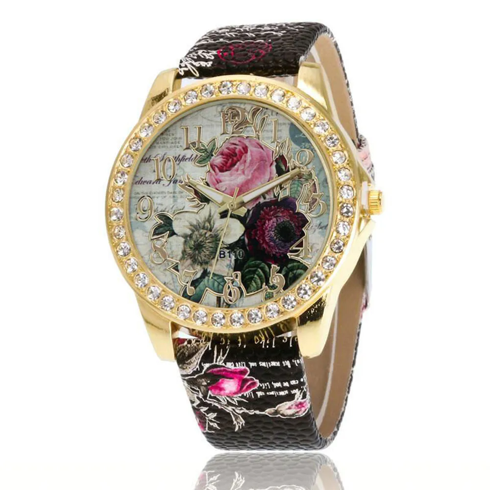 

Fashion Rose Pattern Leather Band Analog Quartz Vogue Wristwatches