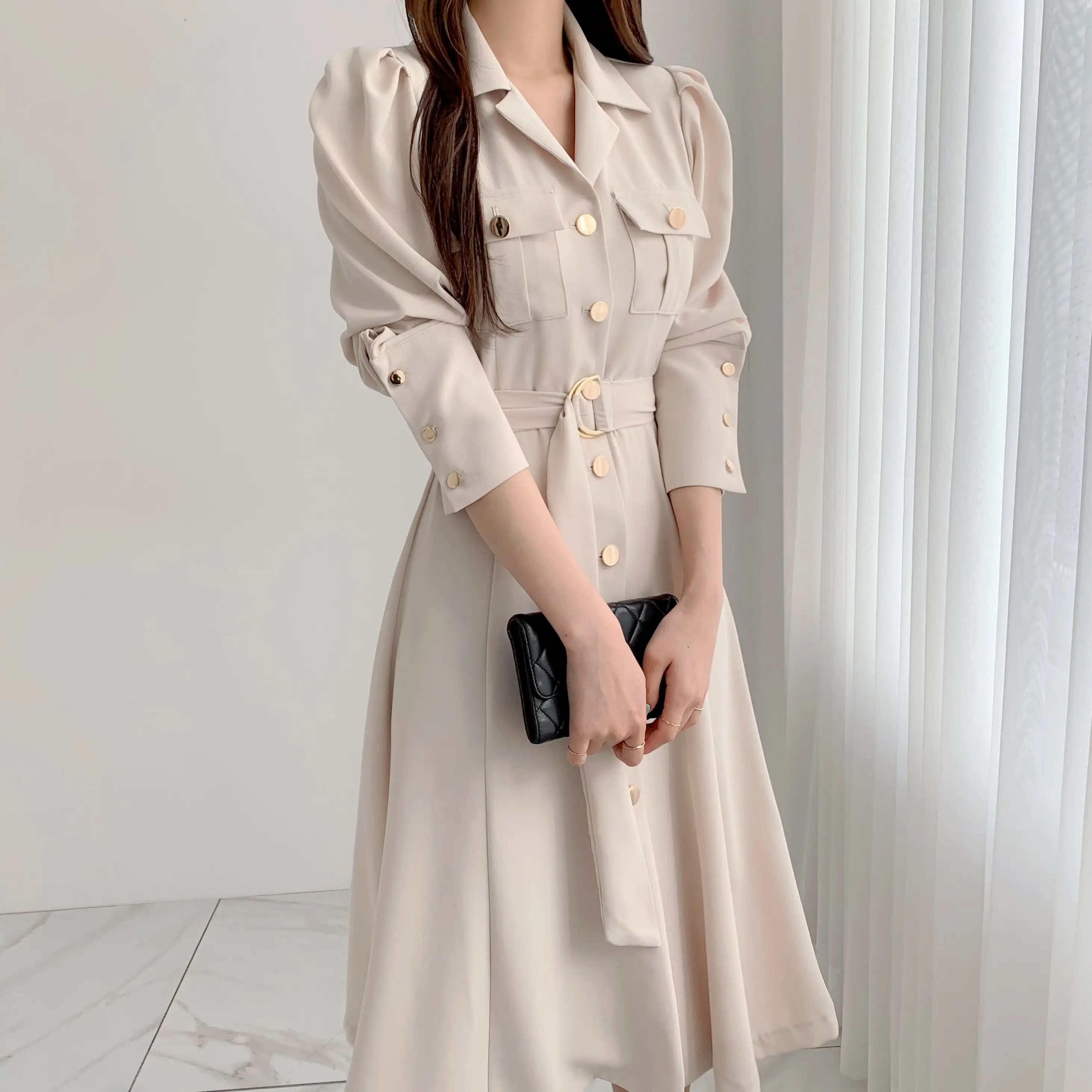 

2021 New Spring Autumn Office Lady Shirt Dress Long Sleeve Casual Slim with Belt A-line Long Sleeve Solid Dresses Women