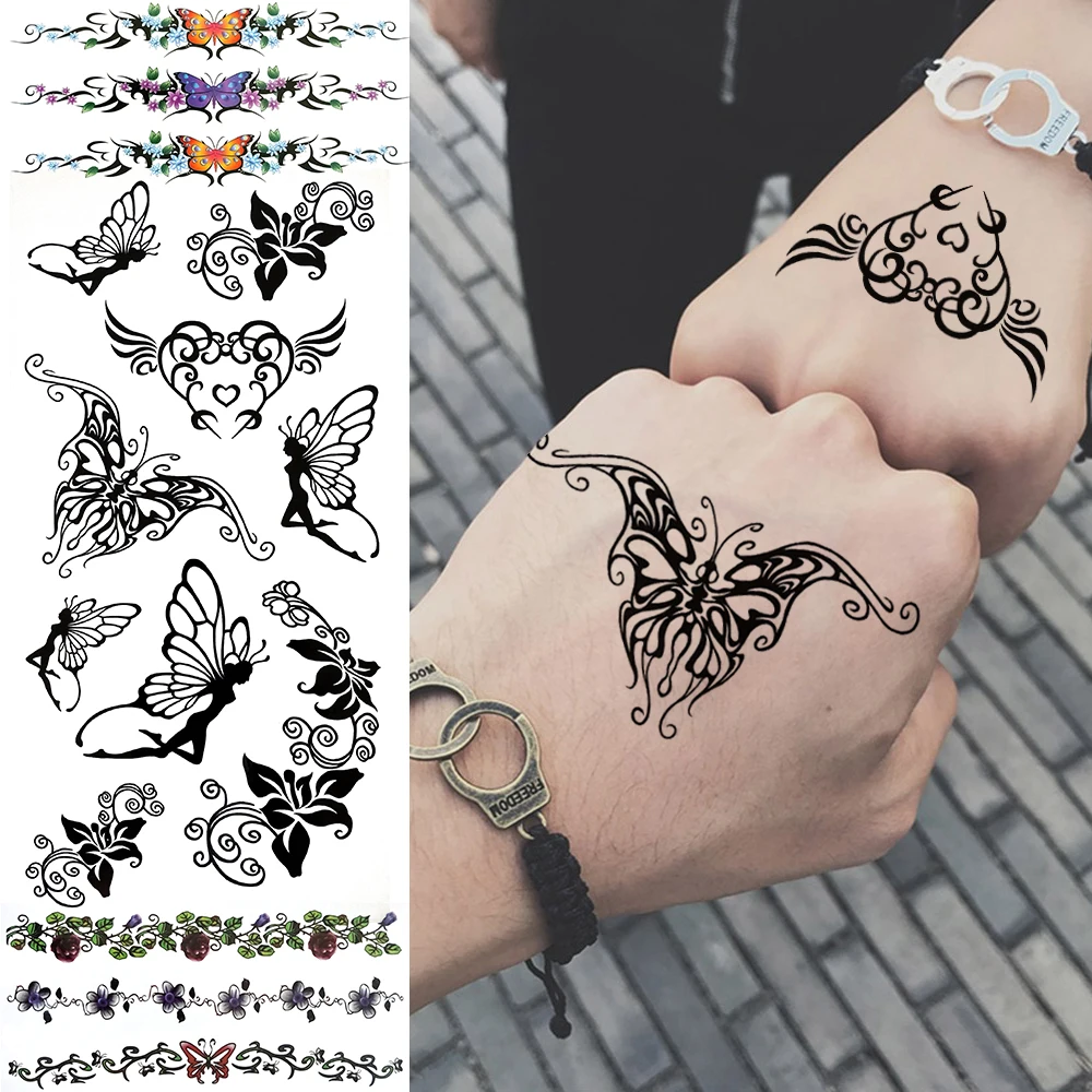 Кружевные бабочки Сердце Временные татуировки для женщин детей волшебный цветок