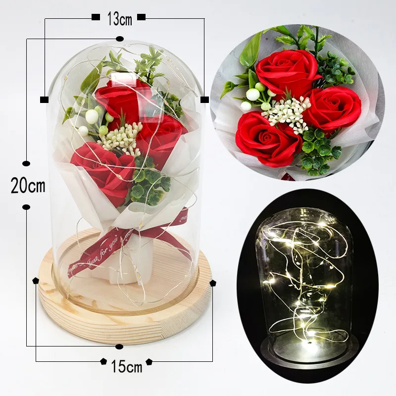 

LED Artificial Eternal Rose Lamps In Glass Dome Wooden Base Red Rose Flower For Decoration Christmas Valentine's Day Gifts 2