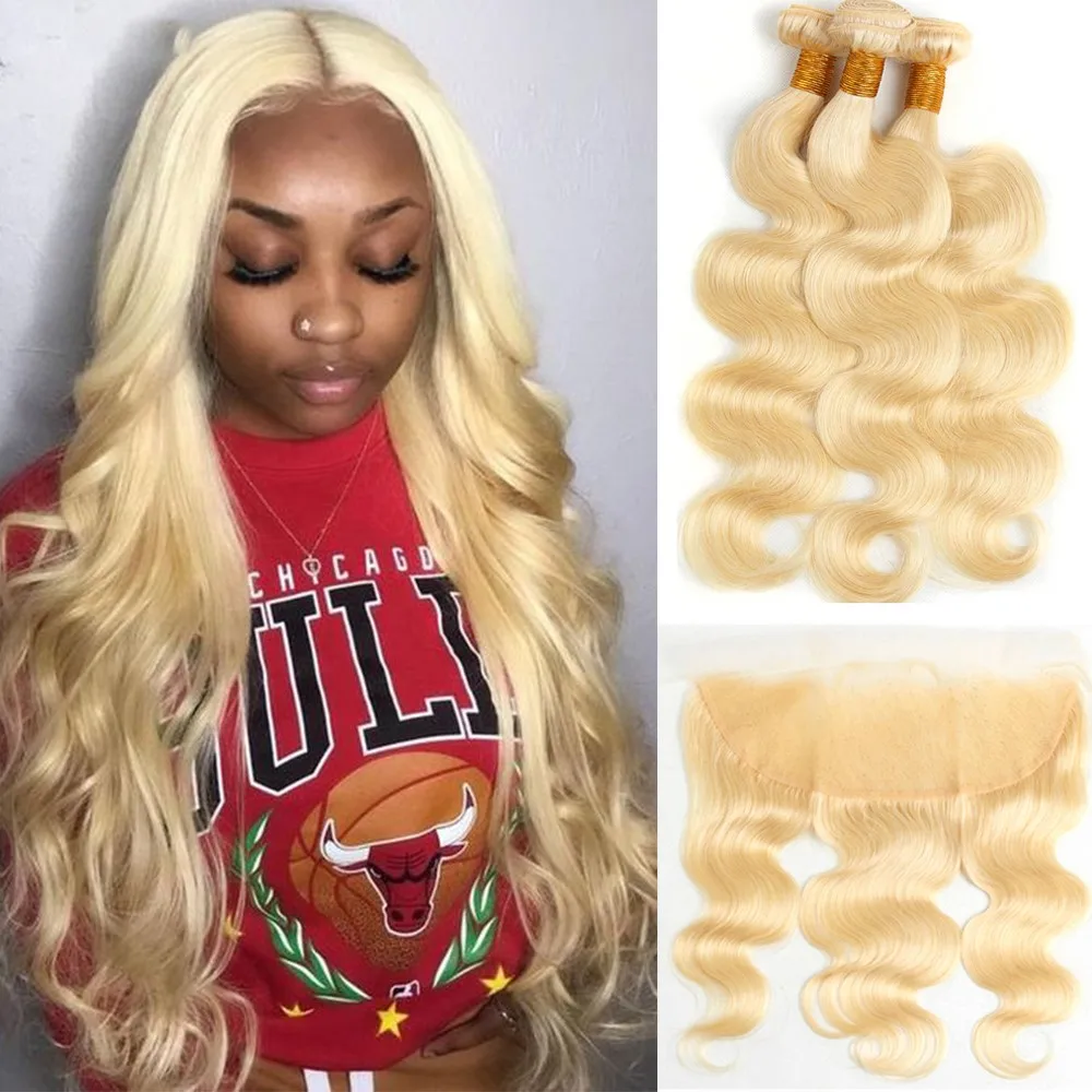 

Richgirl Remy Blonde Color Hair Body Wave 3 4 Bundles with 13x4 Ear to Ear Lace Frontal Closure Brazilian Human Blonde 613 Hair