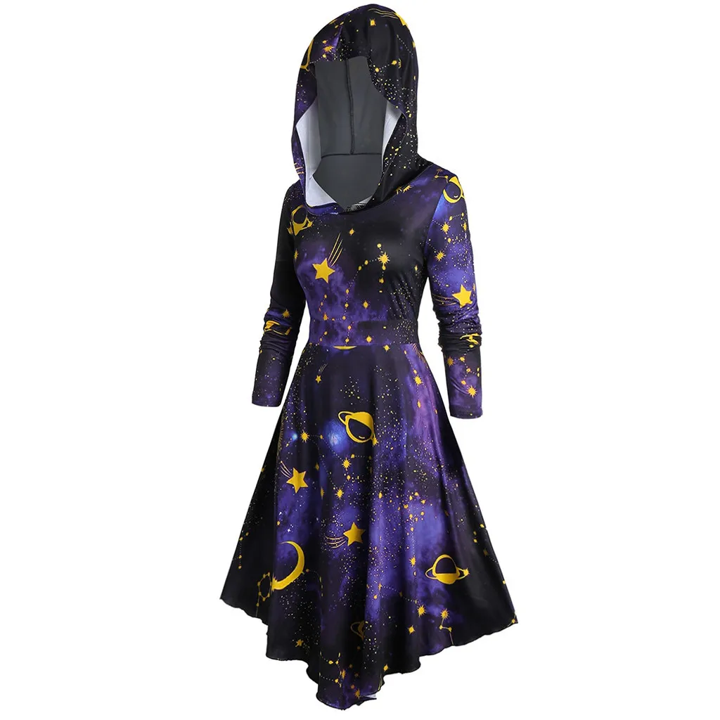 Черное платье с капюшоном 2019 винтажное готическое длинным рукавом женское