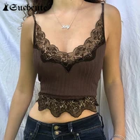 suchcute goth aesthetic lace patchwork tank tops for women sexy v neck brown retro crop tops summer fashion casual camisole