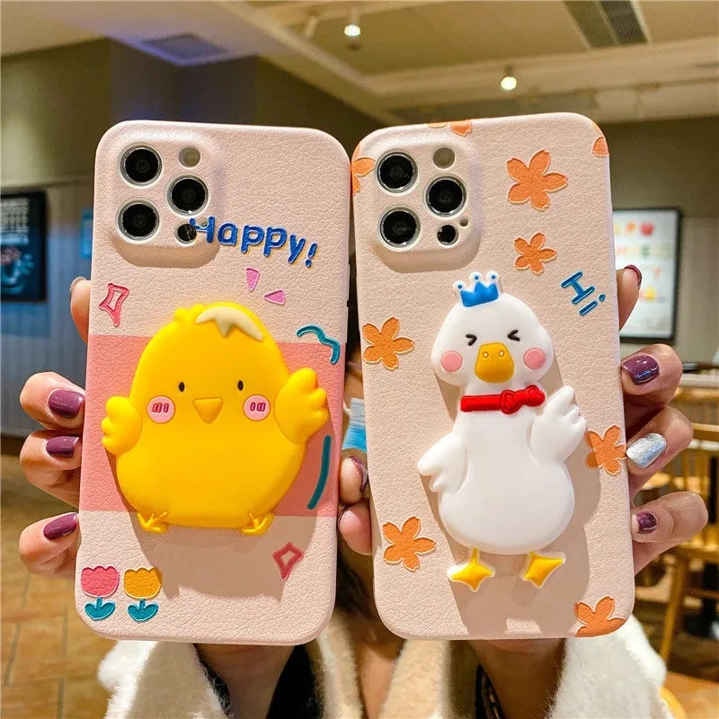 

Cartoon Lambskin Phone Case For iPhone X Xs Max Case Cute Cover for iPhone 11 12 Pro Max Mini Duck Pattern Funda Coque