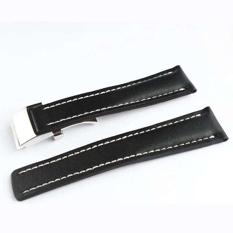 20mm 22mm 24mm Black Smooth Genuine Leather Strap Watch Band Deployment Clasp For Breitling Navitimer