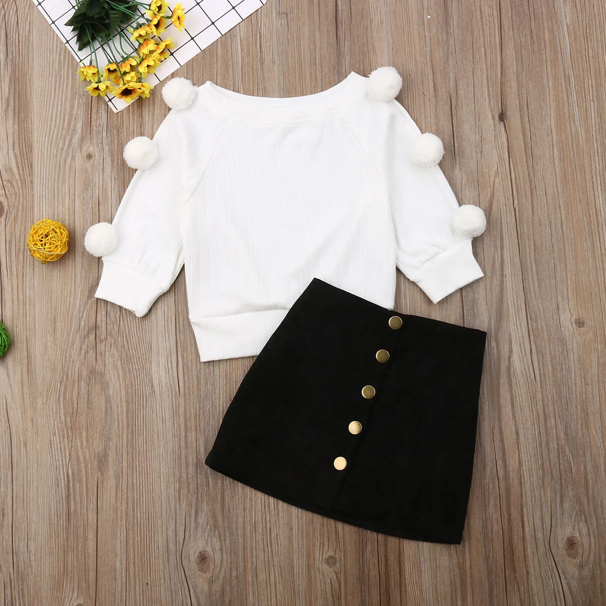 Conjuntos de ropa de oto&ntilde;o para beb&eacute;s y ni&ntilde;as, Tops de punto con Bola de Pelo de manga larga, su&eacute;ter + bot&oacute;n, minifalda, conjuntos c&aacute;lidos de 1 a 6 a&ntilde;os-1