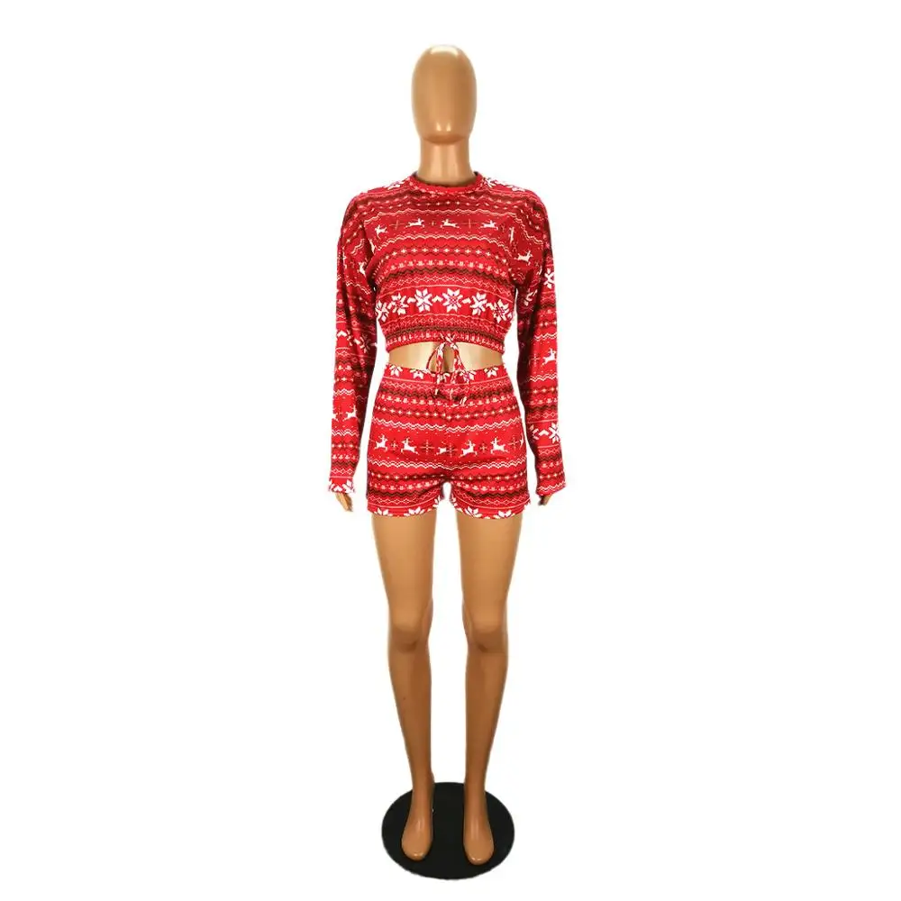 

Echoine Christmas Snowflake Print Long Sleeve Drawsting Crop Top and Shorts Two Piece Set Women Casual Active Club Outfits new