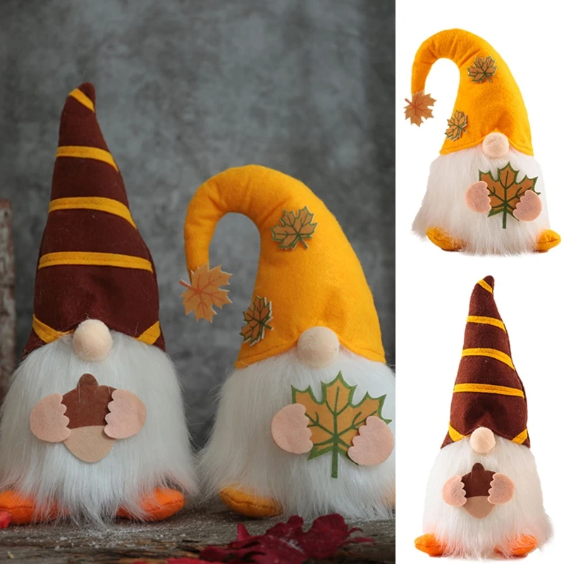

2 Pcs Harvest Festival Maple Leaf Pine Cone Gnome Doll Ornaments Cute Dwarf Elf