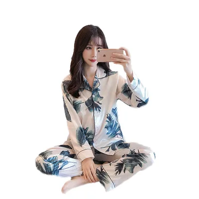 

Spring Women Satin Pajamas Sets Sleepwear Pyjamas Sleep Lounge Long Sleeve Flower Print Nightsuits Pijama Silk Plus Size 5XL