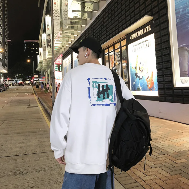 

2020 Spring And Autumn New Korean Men's Printed Loose Round Neck Sweatshirt Fashion Casual Wild Pullover Black / White / Blue