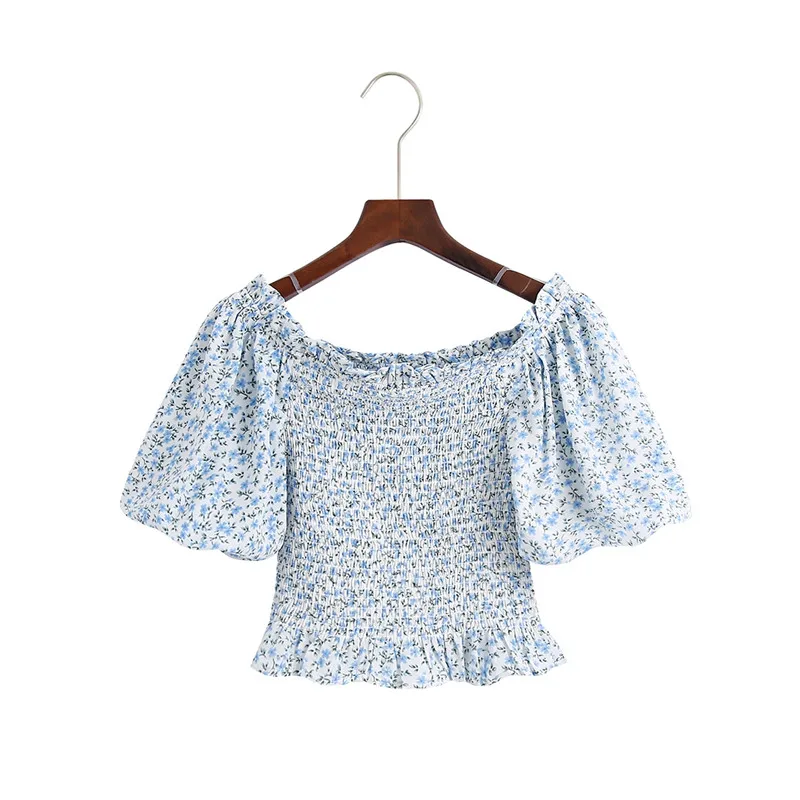 

French Style Retro Square Collar Fold Floral Bubble Sleeve Chiffon Blouse Han Summer Slim Slim Word Shoulder