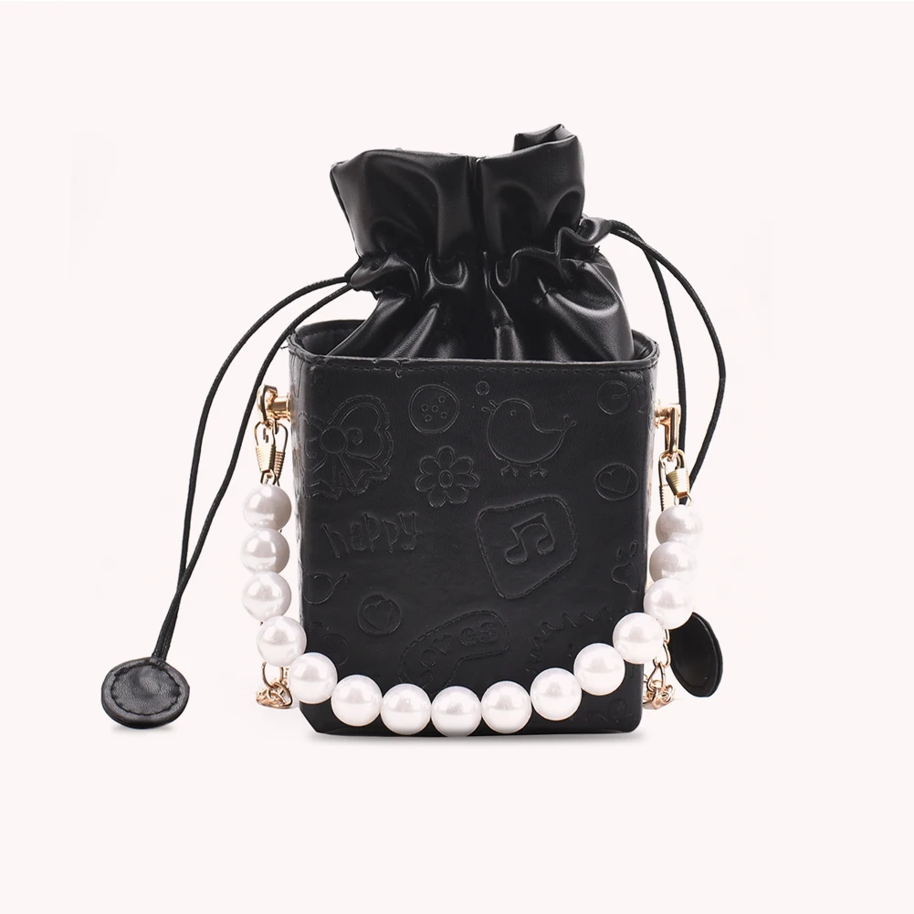 

Popular Simple Female Daily Bag Female Box Cartoon Embossing Pearl Chain Designer Drawstring PU Shoulder Bags