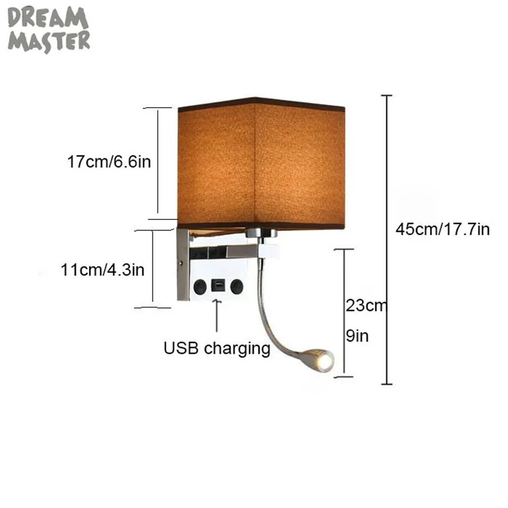 Современное настенное бра с 1 USB-портом для зарядки 2 переключателя и тканевым
