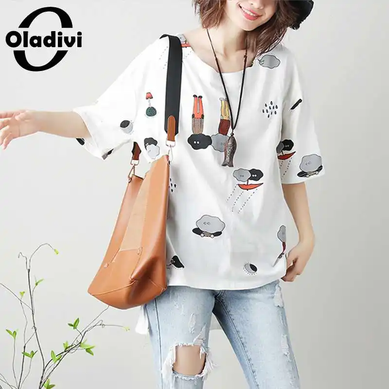 

Oladivi Oversize Oversized Fashion Print Casual Loose Tshirt Women Summer 2021 Irregular Tee Shirt Lady Short Sleeve Top 3XL 4XL