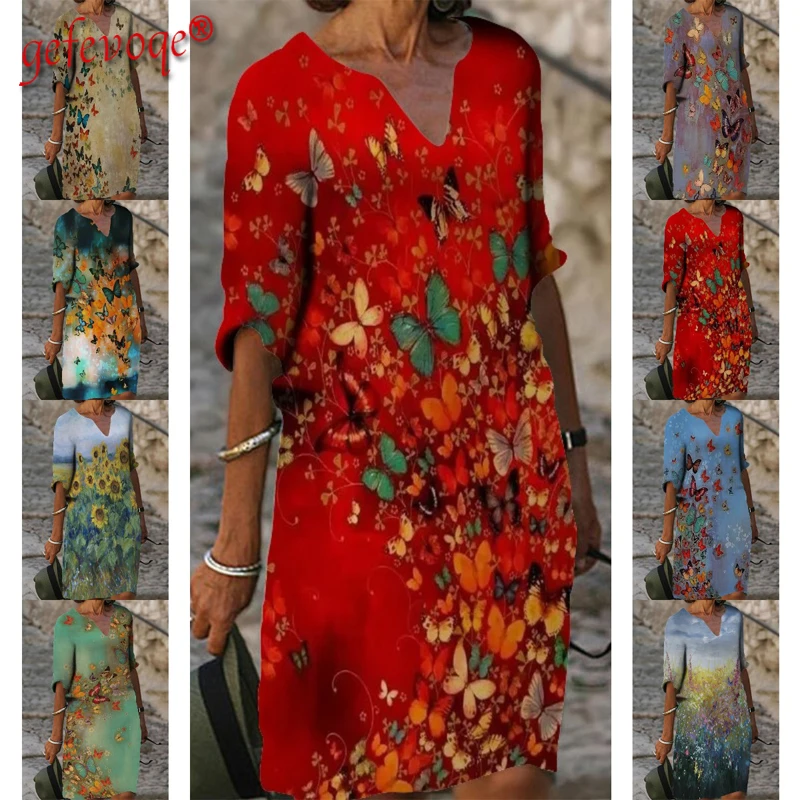 

Summer Casual Butterfly Print Dresses Fashion Elegant Women's Tunic Vintage Robe Half Sleeve Sunflower Loose Midi Dress Vestidos