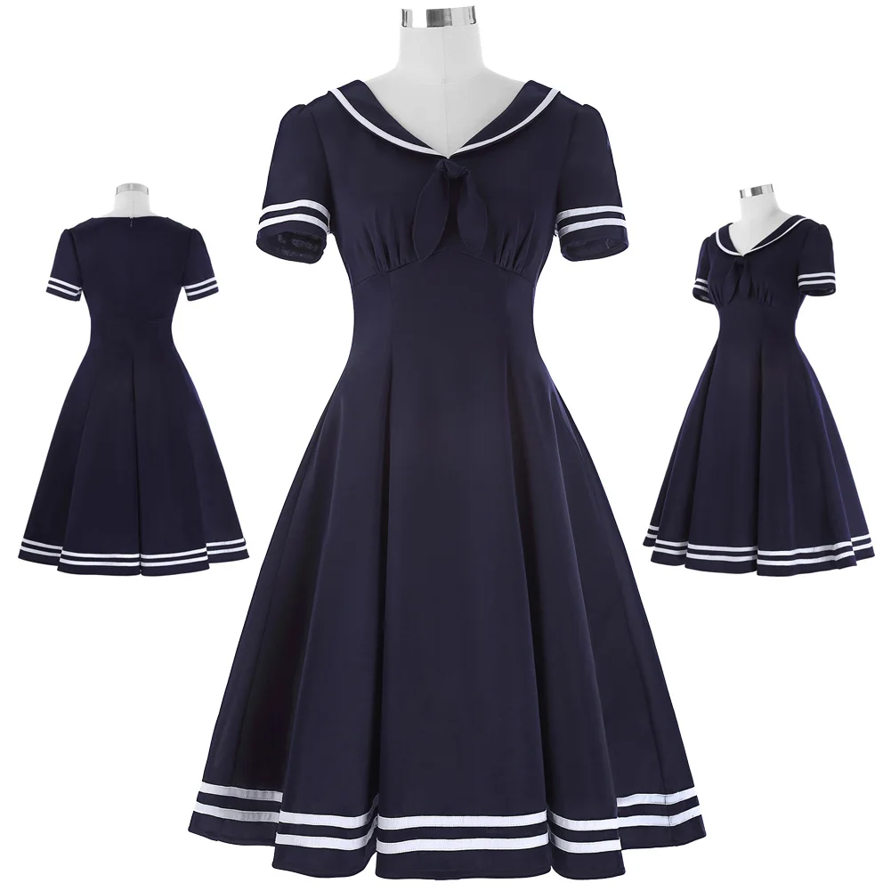 Belle Poque женское летнее платье винтажное платье с коротким рукавом и бантом, украшения на платье Vestidos, матросский воротник, консервативный стиль, женское платье