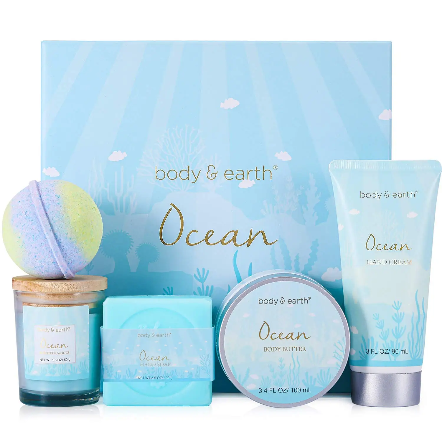 5pcs Bath and Body Set of Ocean Scent, Spa Gift Box for Mother's Day Gift, Includes Scented Candle, Body Butter, Hand Cream