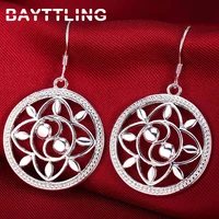 bayttling 42mm silver color exquisite hollow flower round drop earrings for woman lady fashion wedding jewelry gift