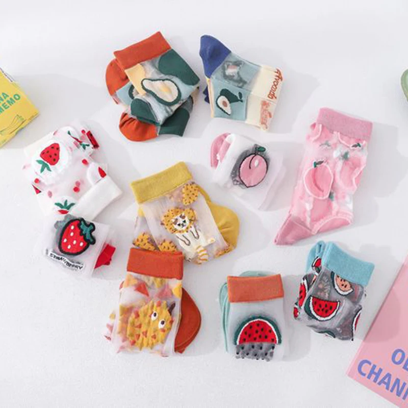 

1 Pair Women Socks Korea Style Casual Harajuku Transparent Crystal Silk Trend Cartoon Fruit Breathable Glass Silk Socks Meias