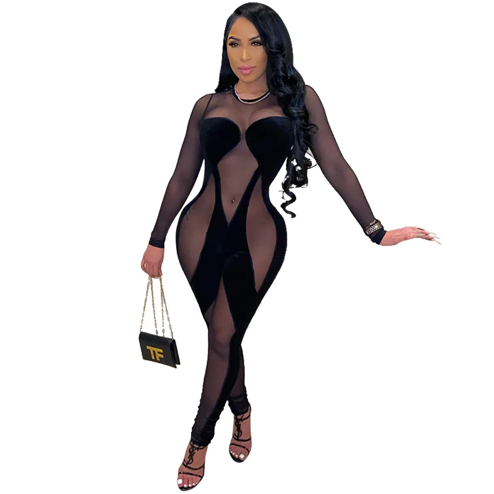 

New Arrivals Velvet and Mesh Patchwork Sexy Women Jumpsuits Party Nightclub Long Sleeves Round Neck Skinny Rompers 2021 Spring