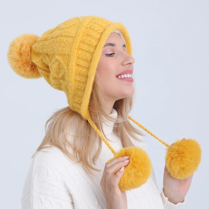 

Women Winter Plush Lining Thick Cable Knit Cute Pompom Ball Earflap Trapper Cap Thermal Ear Warmer