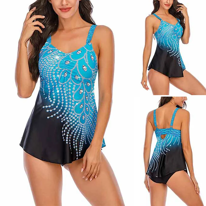 

Newly Women Two Pieces Swimsuit Set Printed Contrast Color Backless Bikini Set Padded Bathing Suit S66