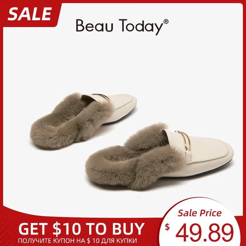 BeauToday/женские меховые тапочки из овечьей кожи с кроличьим мехом Женские туфли на