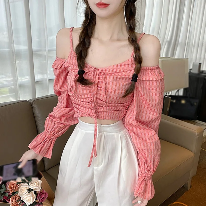

Retro Design Long-sleeved Blouse, Short Off-the-shoulder Top, Long Sleeve