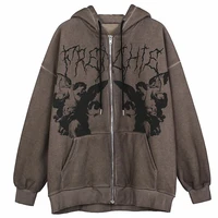 2021 vintage angel printed hoodies women zip up hip hop oversized jacket coat punk long sleeve outwear sweatshirt