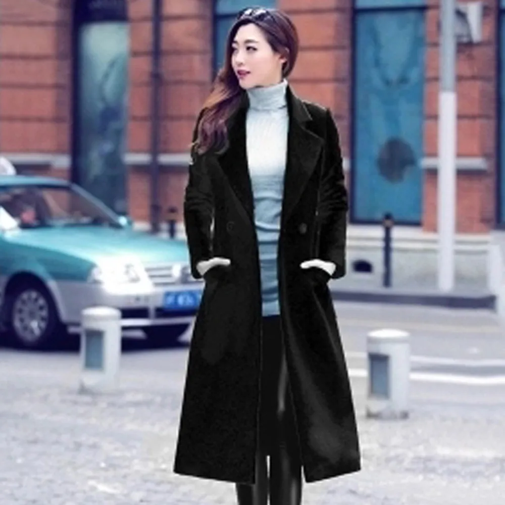 

Womens Fashion Winter Long Woolen Coat Overcoat Parka Outwear Cardigan Medium-long Belt Turn-down Collar Solid Color Parka