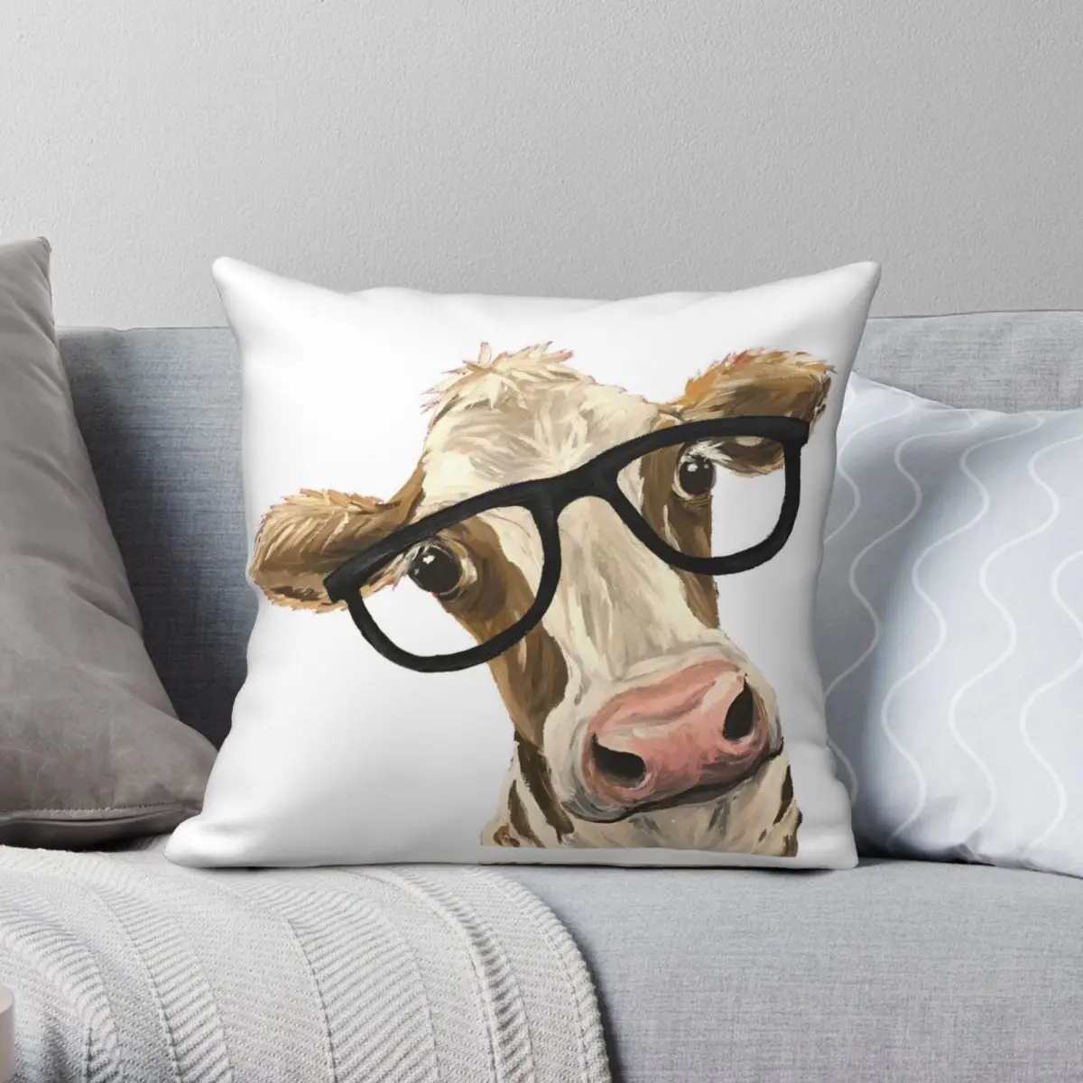 Cow Art With Glasses Square Pillowcase Polyester Linen Velvet Printed Zip Decor Pillow Case Home Cushion Cover