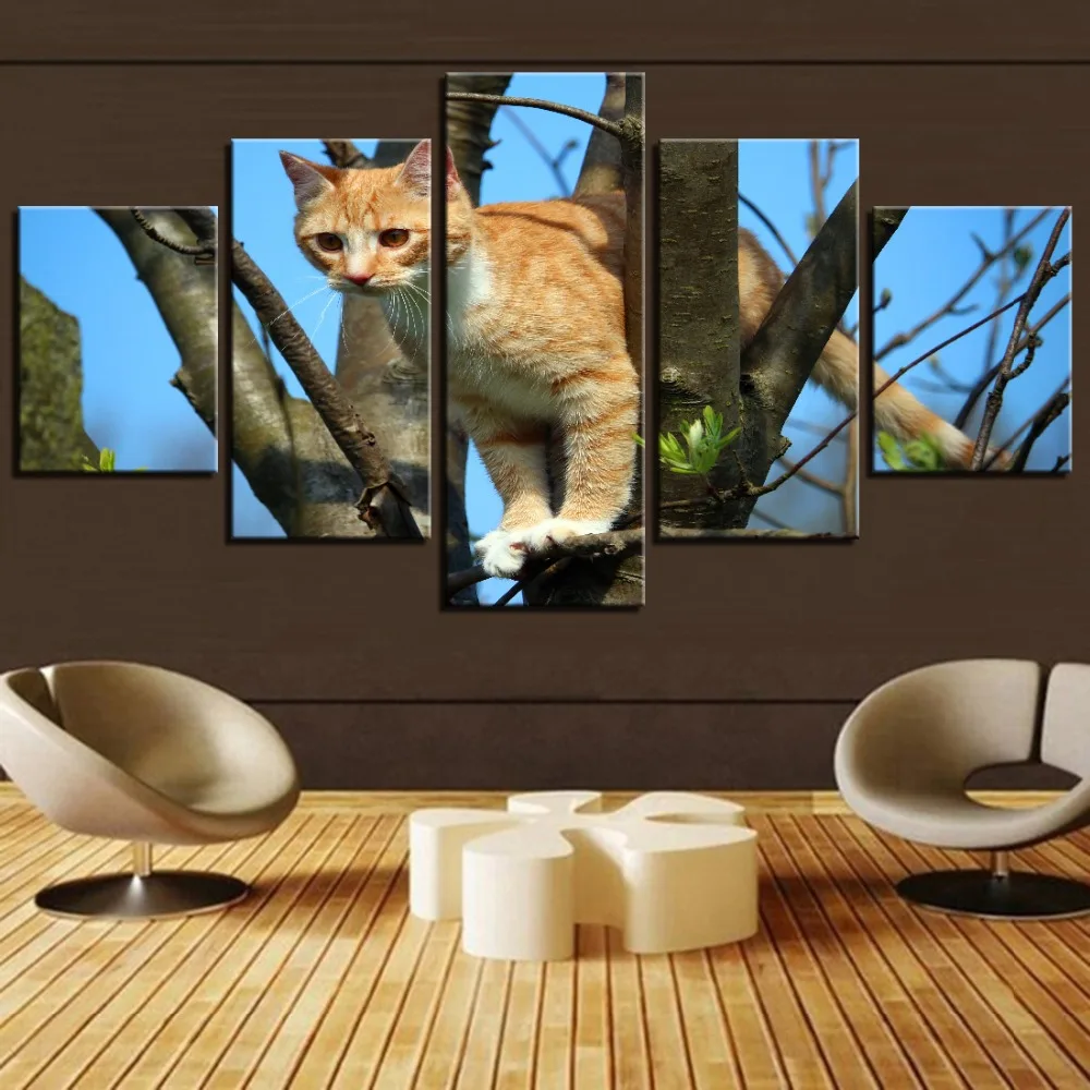 

5 Pieces Cat In the Tree Canvas Posters Kitten Wallpaper Animal Painting Picture For Home Living Room Decor Wall Artwork Sticker