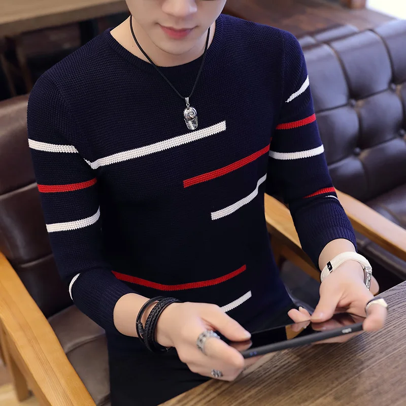 

Spring Long Sleeve Knitted Sweaters Casual Men Sweater Color Patchwork O-Neck Top Blouse For Warm Men's Striped Clothing C254