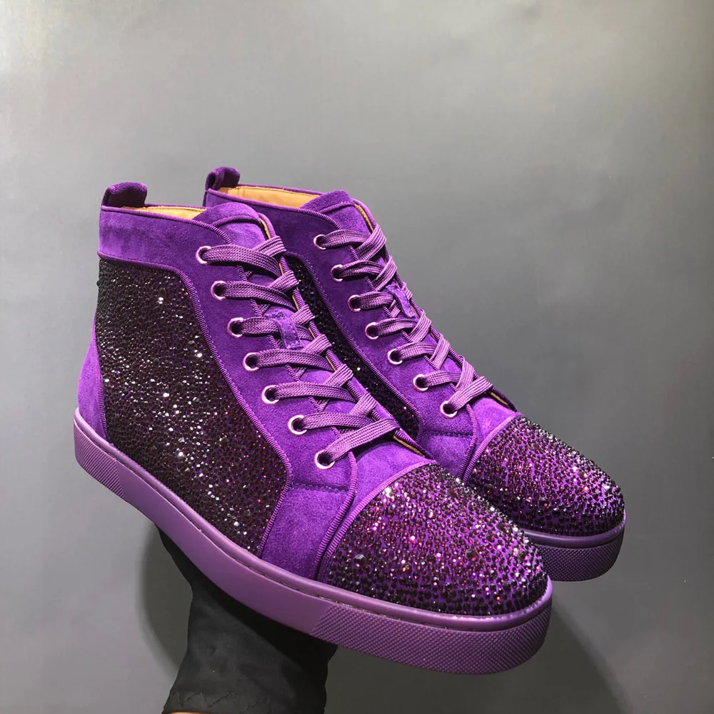 

High Top Red Bottom Men Shoes Purple Full Rhinestones Cowhide Suede Leather Luxury Ladie Flat Loafers Casual Shoe Big Size 47 48