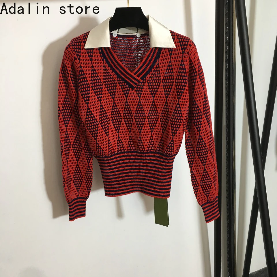 

high quality autumn and winter new fashion women's Lapel stitching rhombic check slim fit V-Neck long sleeve top knitted sweater