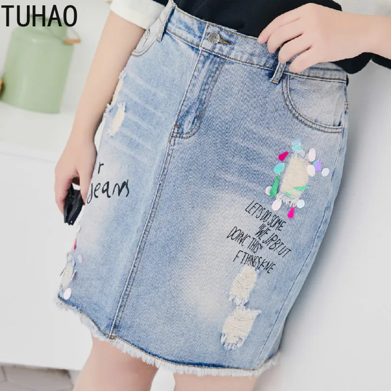 

TUHAO Oversized 7XL 6XL 5XL Summer Female Skirts Hole Ripped Sweet Blue Denim Skirt Women Hipster Split Jeans Saias LZ17