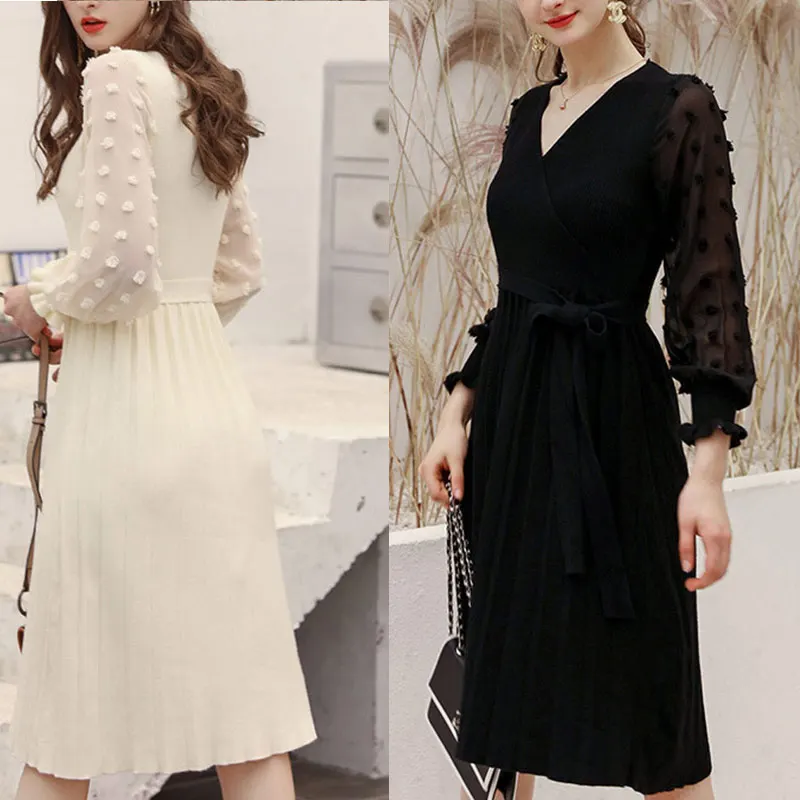 Новая мода женское шифоновое платье миди с длинным рукавом-фонариком глубокий