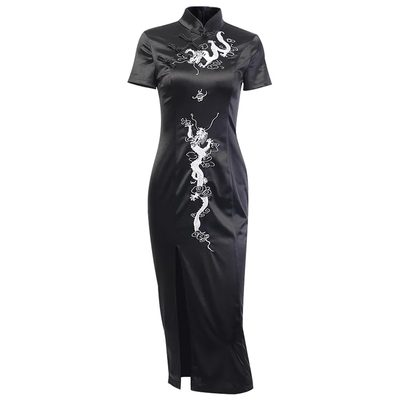 

2021 New Women Dress Black Vintage Gothic Halloween Dresses Dragon Embroidered Long Party Dress Spliced Chinese Cheongsam