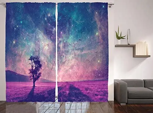 Занавески "Галактика" с силуэтом одинокого дерева и элементами искусства NASA для гостиной или спальни.