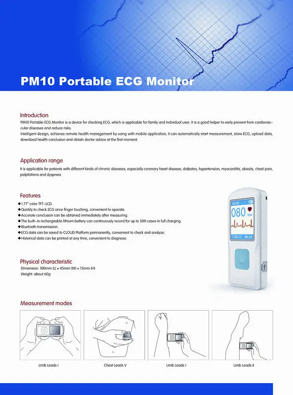 FDA Портативный Аппарат Для электрокардиографии монитор сердечного ритма lcd USB Bluetooth PM10 CONTEC
