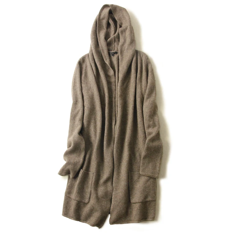 Aliaga New Arrival Pure Cashmere Cardigan Women Autumn Winter Hooded Sweater Coat With Pocket