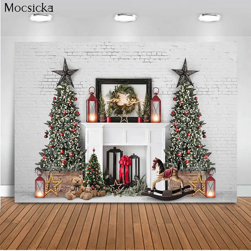 

Mocsicka Christmas Photography Background Fireplace Christmas Tree Background For Photo Studio Red Socks White Wall Photo Studio