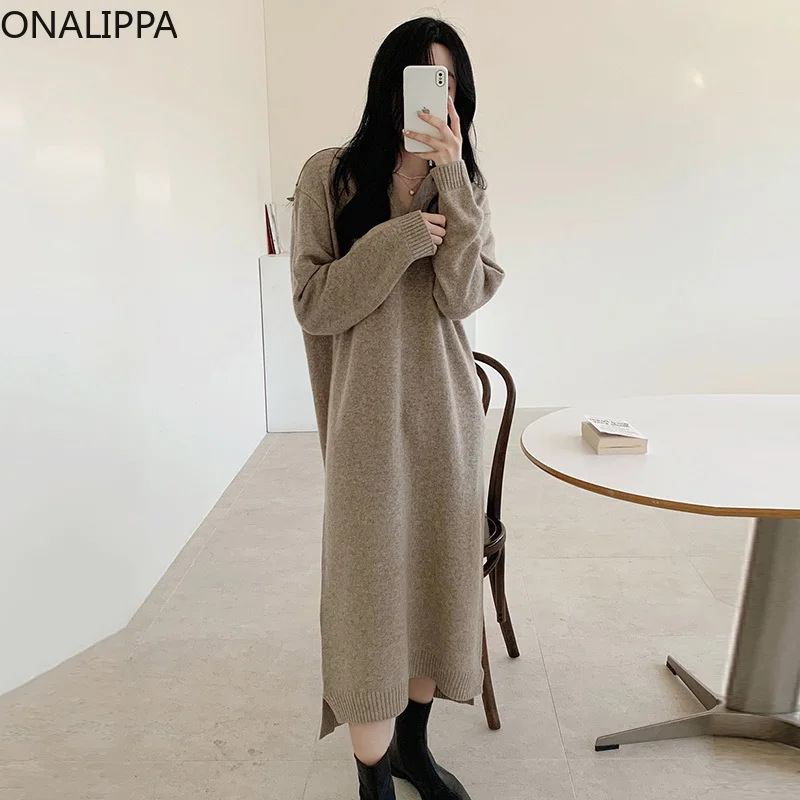 

Женское длинное вязаное платье Onalippa, осенне-зимнее плотное теплое свободное вязаное платье-свитер выше колена в ленивом стиле с воротником-...