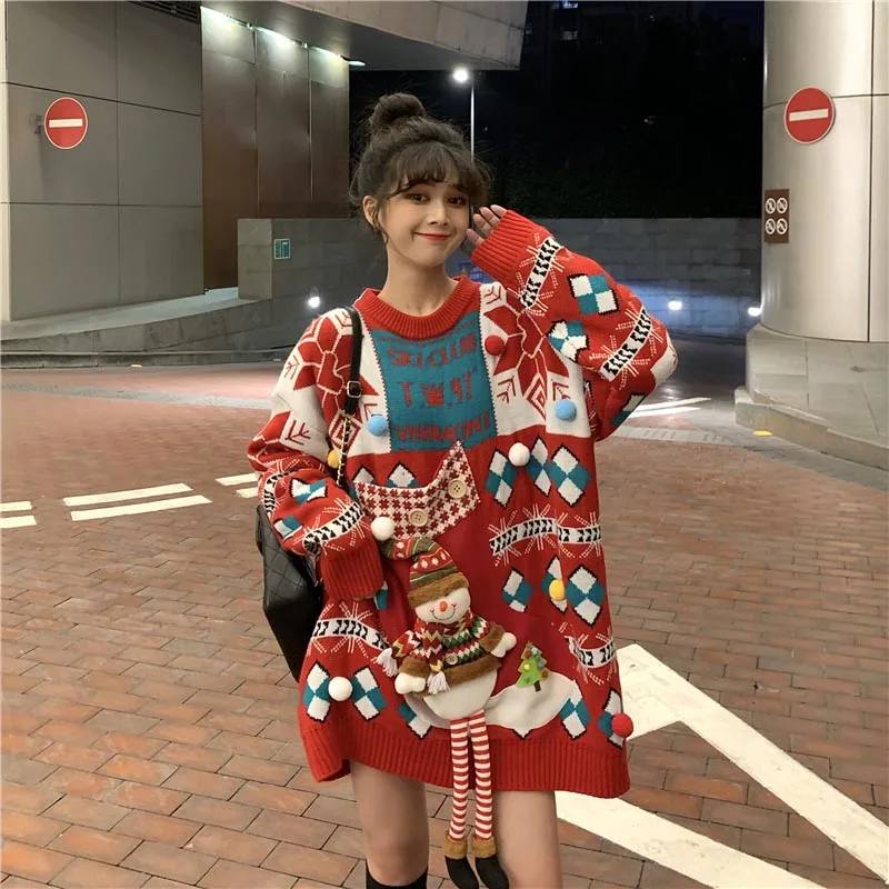 

Новинка 2021, вязаные пуловеры оверсайз, свитер, осенне-зимние милые рождественские и новогодние свитера в стиле Харадзюку для девушек, трико...