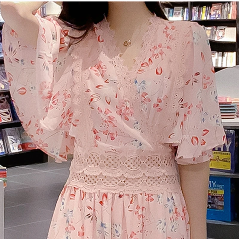

Summer New Ladies Lace Stitching Chiffon Floral Dress Fashion Casual V-Neck Short Sleeve Slim Print A-Line Dress Women Dress