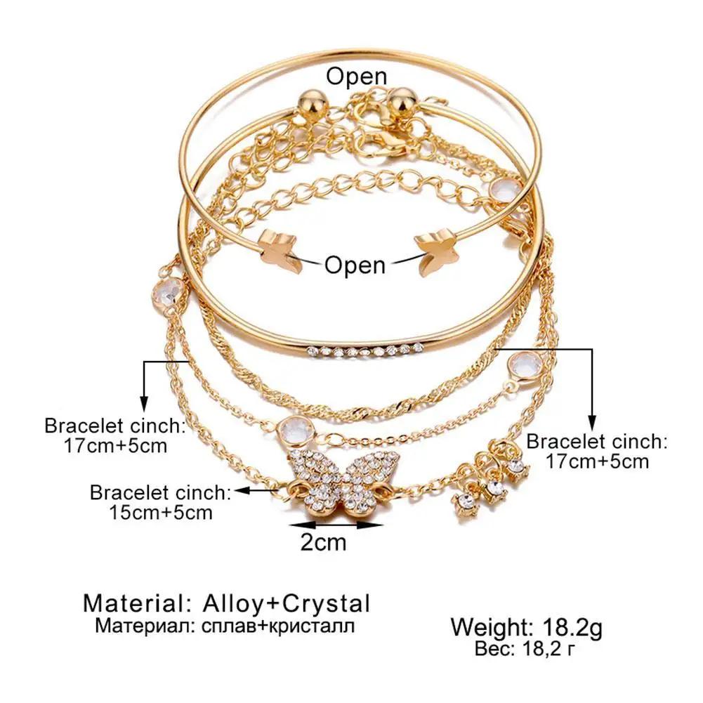 

Hot Sale New Bohemian Elegance Open Bracelets With Rhinestone Set For Female 5 Gifts Butterfly Piece Bracelet B9P0