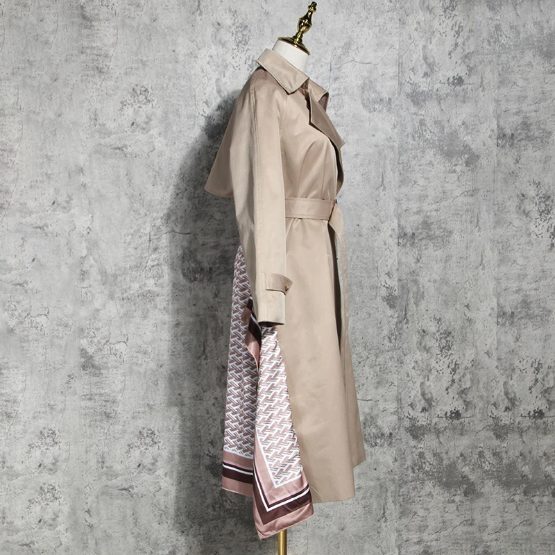 TWOTWINSTYLE Patchwork Ruched Trench Coats Female Lapel Collar Long Sleeve High Waist Sashes Windbreaker Women Clothing New