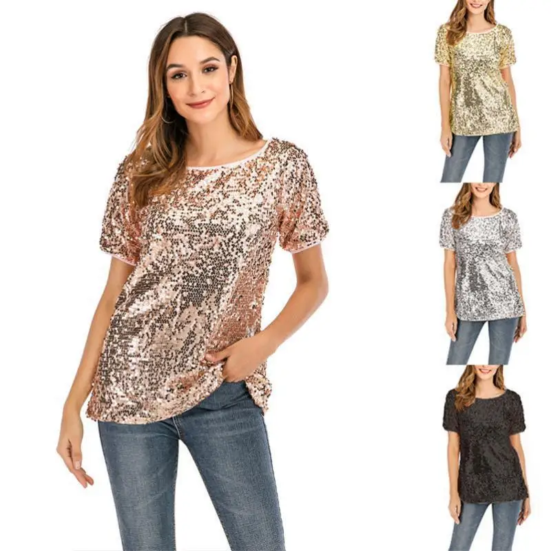 Women Fashion Ladies Stylish Solid Color Glitter Sequined Oblique Neck Short Sleeve Shirt Summer Casual Pullover Tops Blouse | Женская