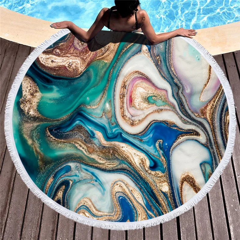 

150cm Marble Round Beach Towel Abstract Quicksand Pattern Microfiber Shower Bath Towel Yoga Mat Beach Mat Blanket With Tassels