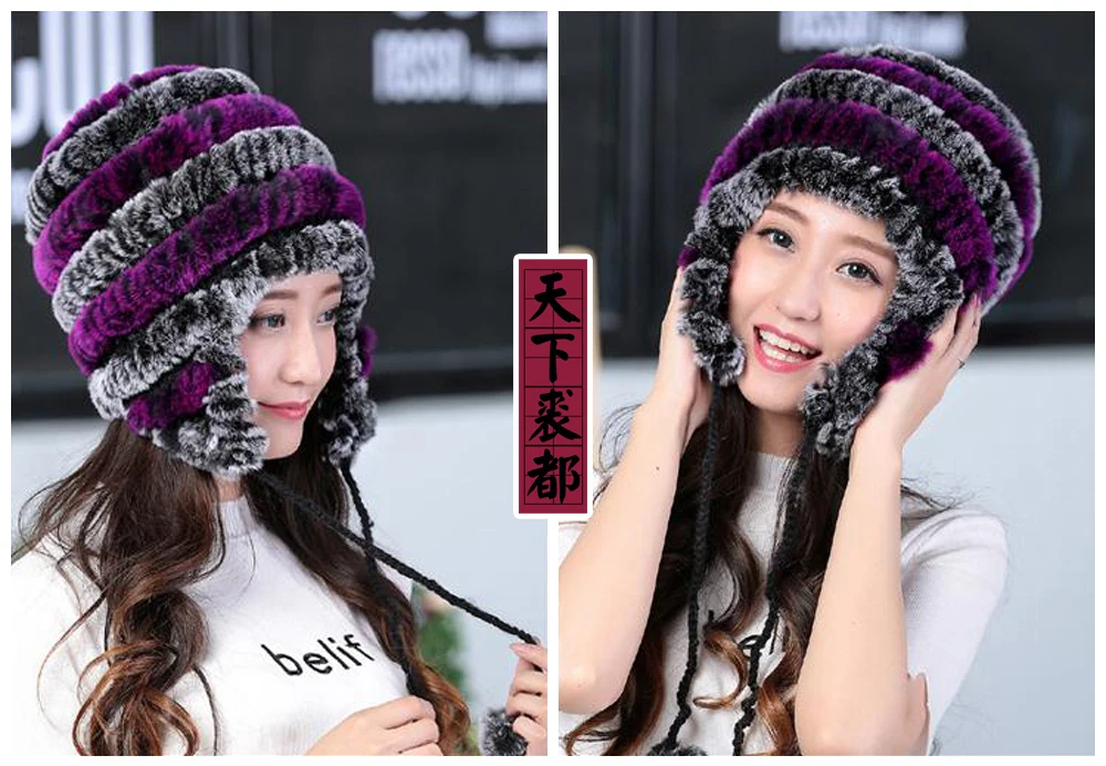 Lady Real Fur Earflap Hats Women Natural Rex Rabbit Fur Beanies Cap Russian Winter Warm Genuine Fur Hat Wholesale